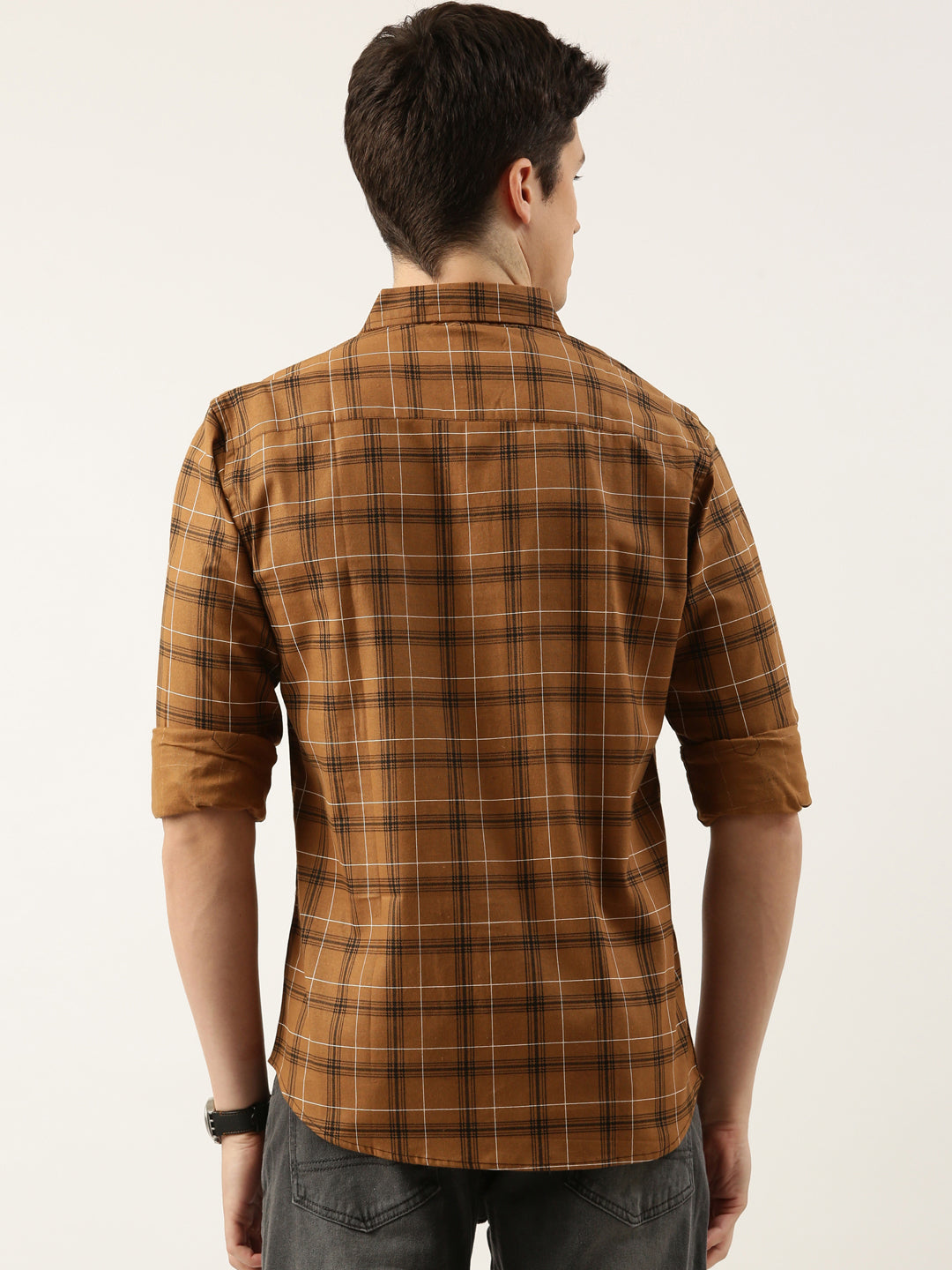 Men Mustard Checked Pure Cotton Full Sleeve Casual Shirt