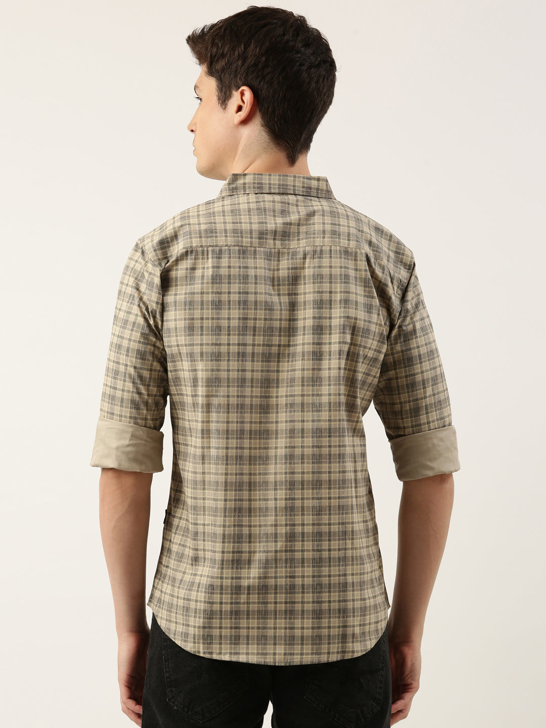Men Beige Checked Pure Cotton Full Sleeve Casual Shirt