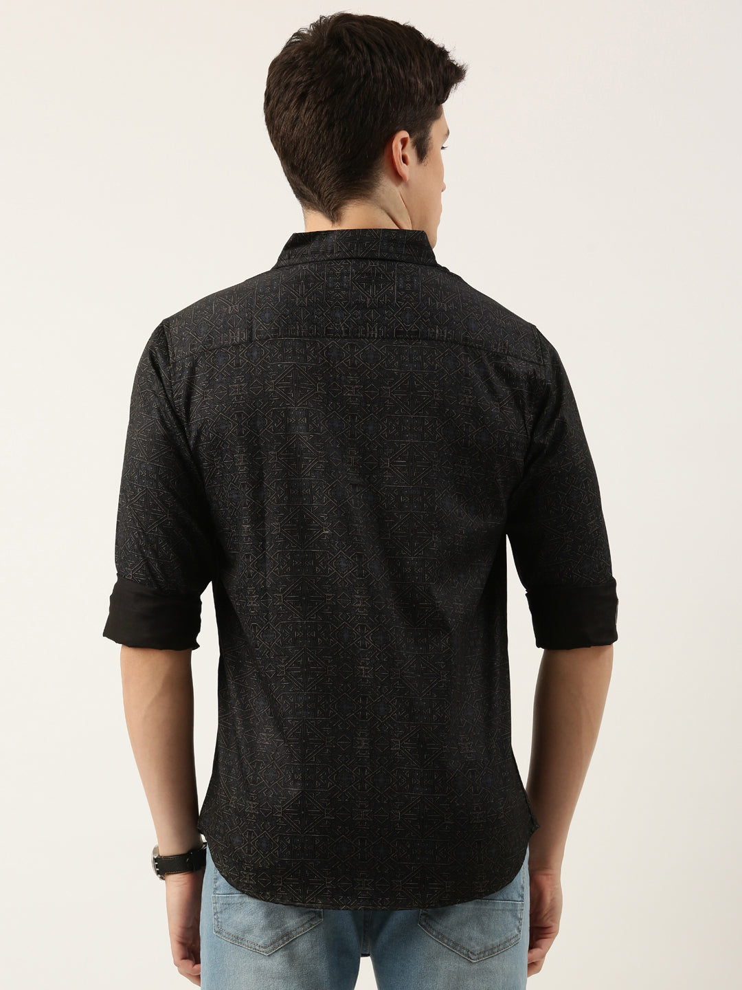 Men Black Printed Pure Cotton Full Sleeve Casual Shirt