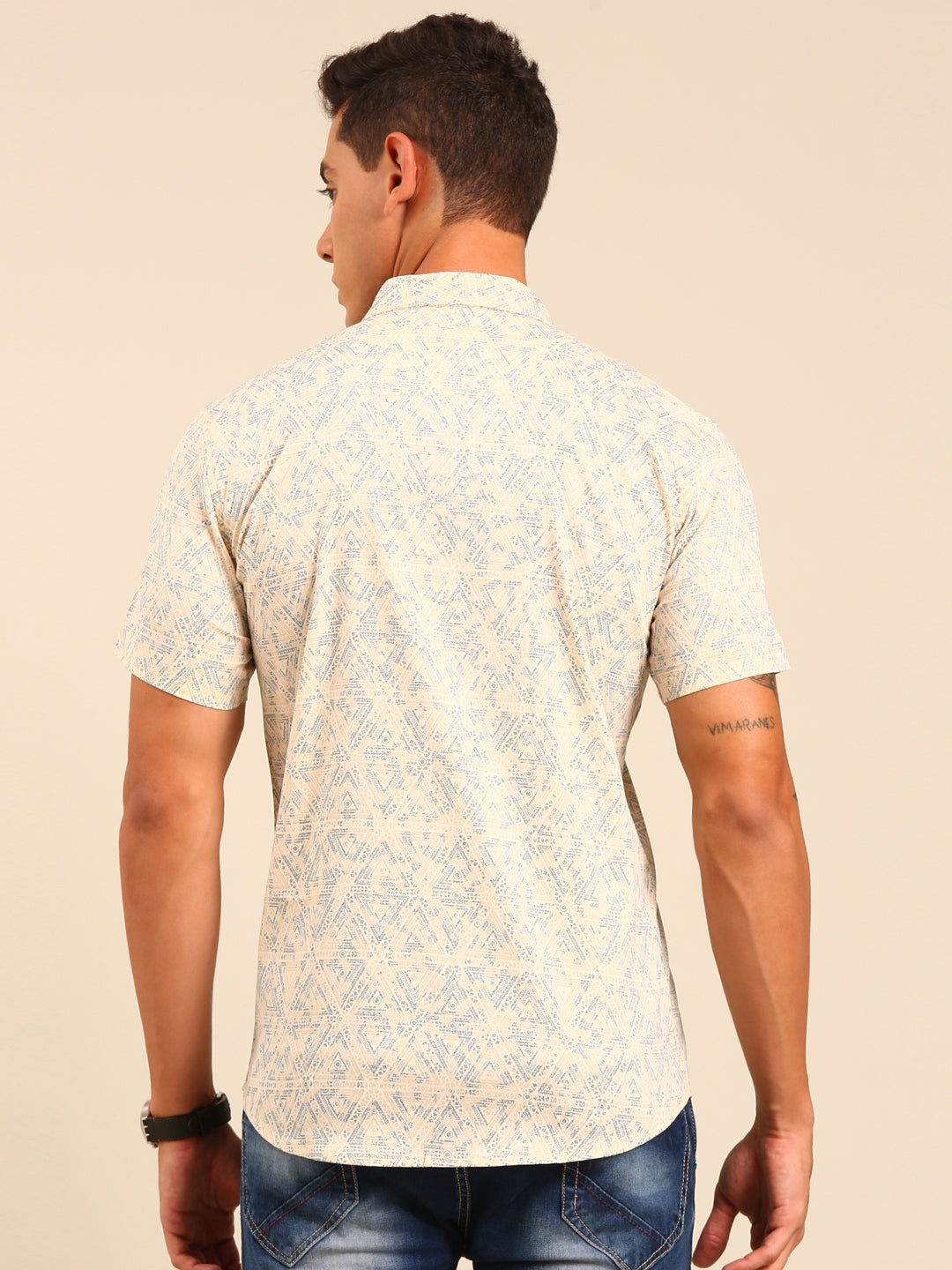 JOVEN Men Beige Printed Casual Lycra Shirt ( No Returns )