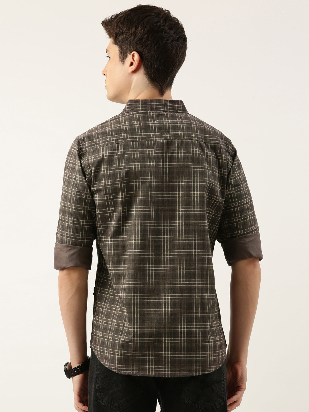 Men Dark Grey Checked Pure Cotton Full Sleeve Casual Shirt