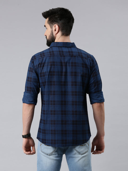 Dark Blue Checked Pure Cotton Casual Full Sleeve Shirt