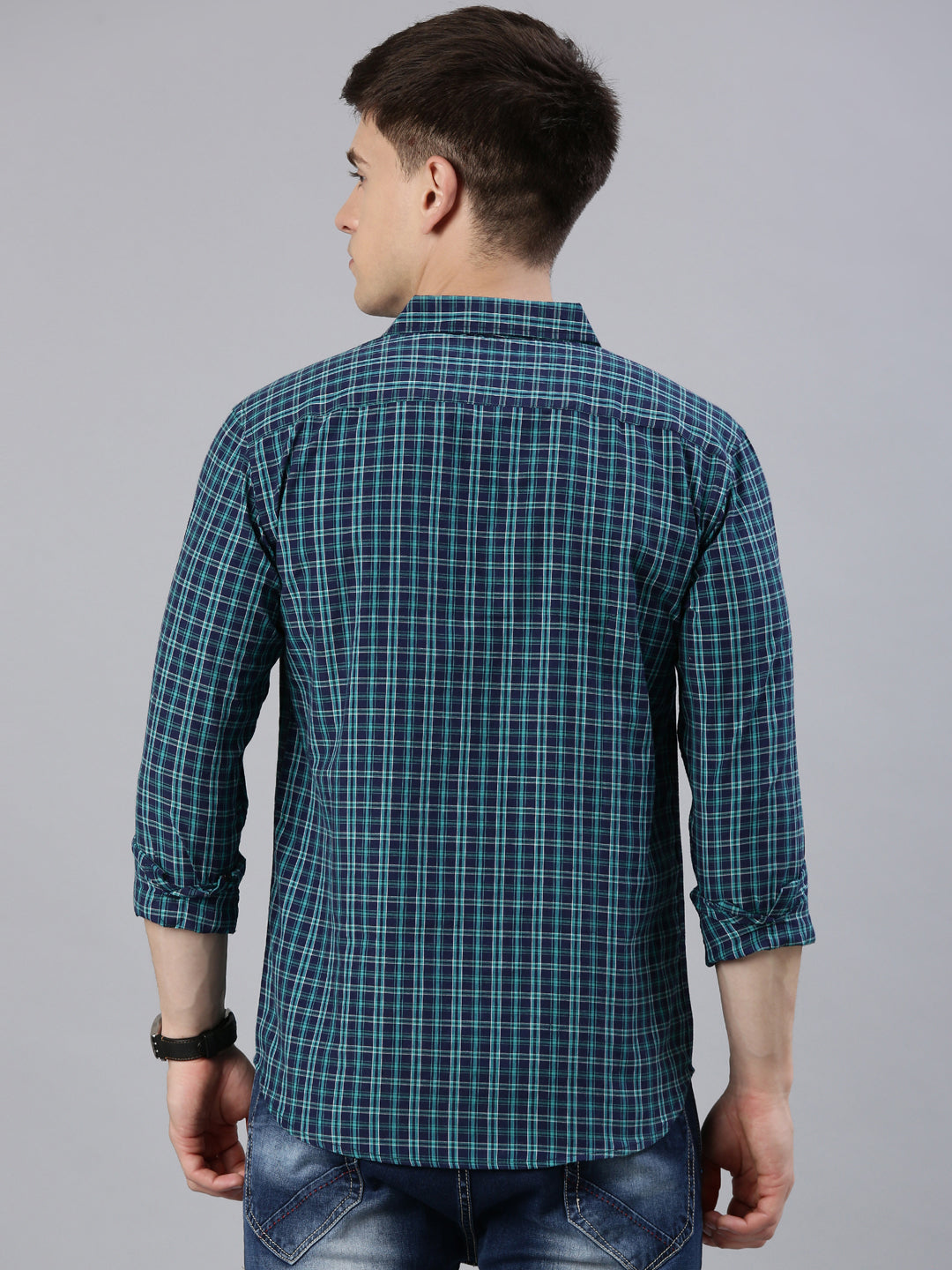 Men Green Checked Cotton Blend Casual Full Sleeve Shirt