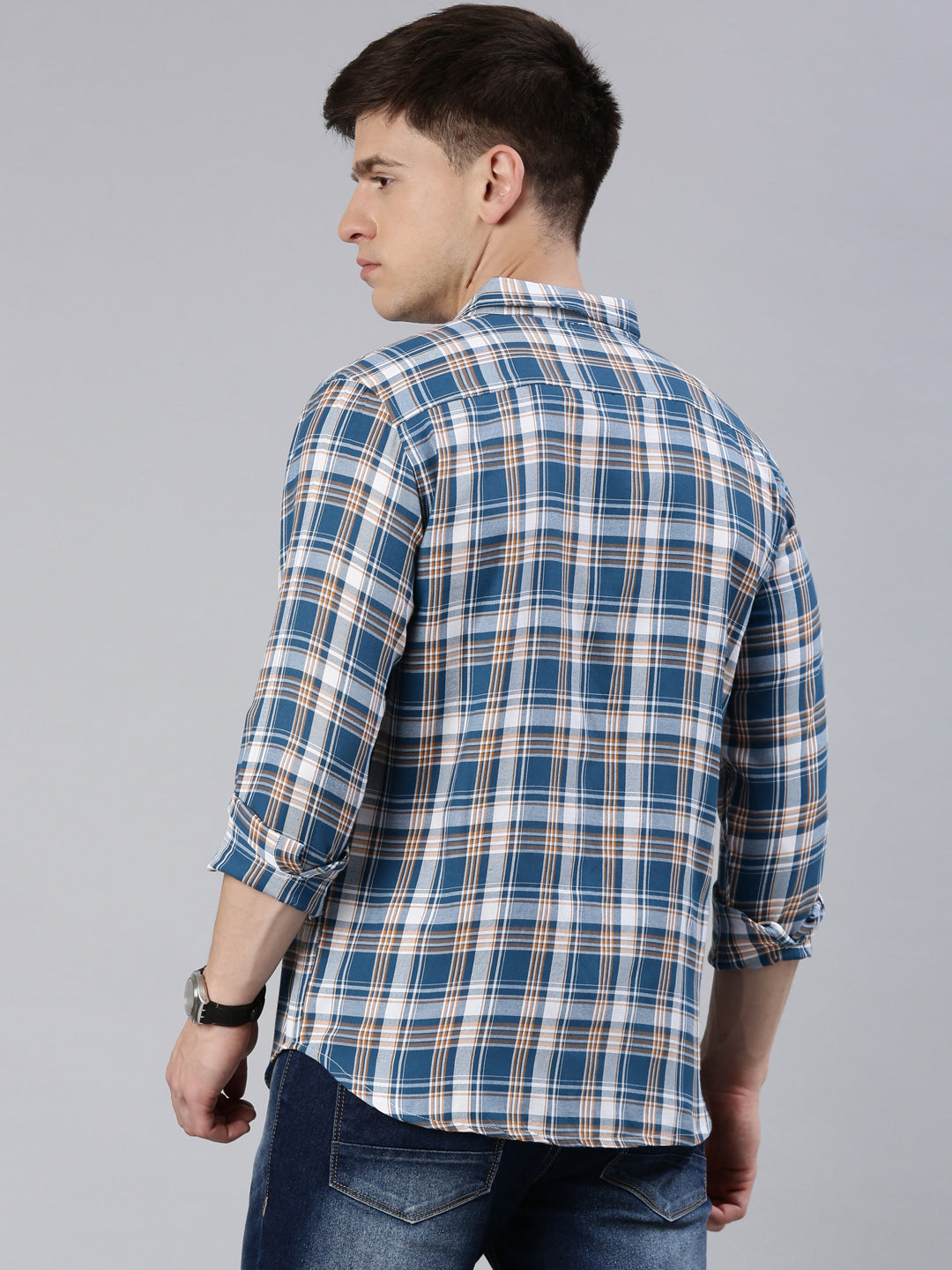 Men Blue Checked Cotton Blend Casual Full Sleeve Shirt