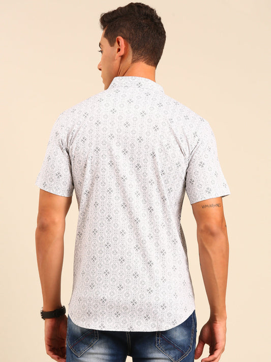JOVEN Men White and Black Printed Casual Lycra Shirt ( No Returns )
