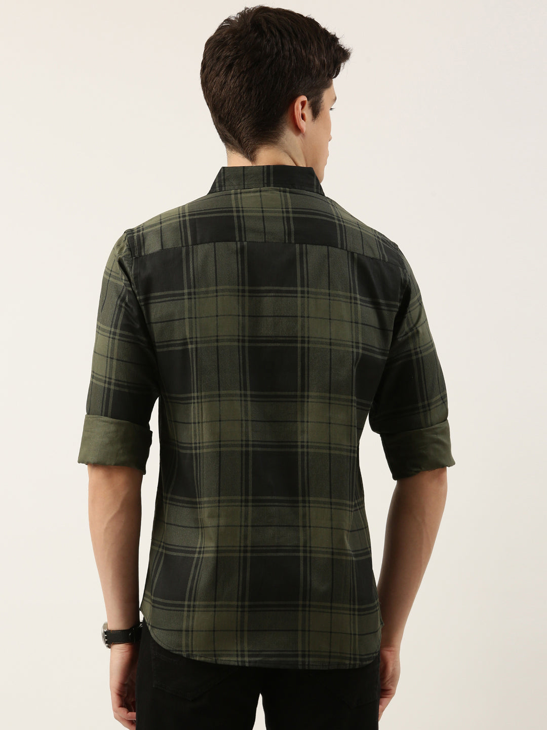 Men Olive and Black Checked Pure Cotton Full Sleeve Casual Shirt