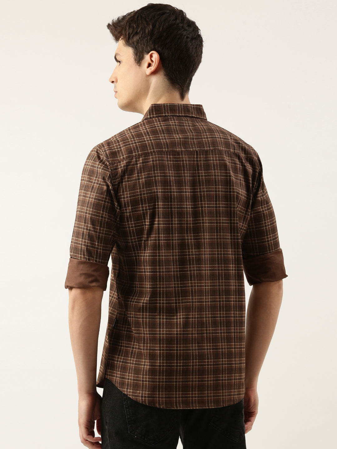 Men Brown Checked Pure Cotton Full Sleeve Casual Shirt