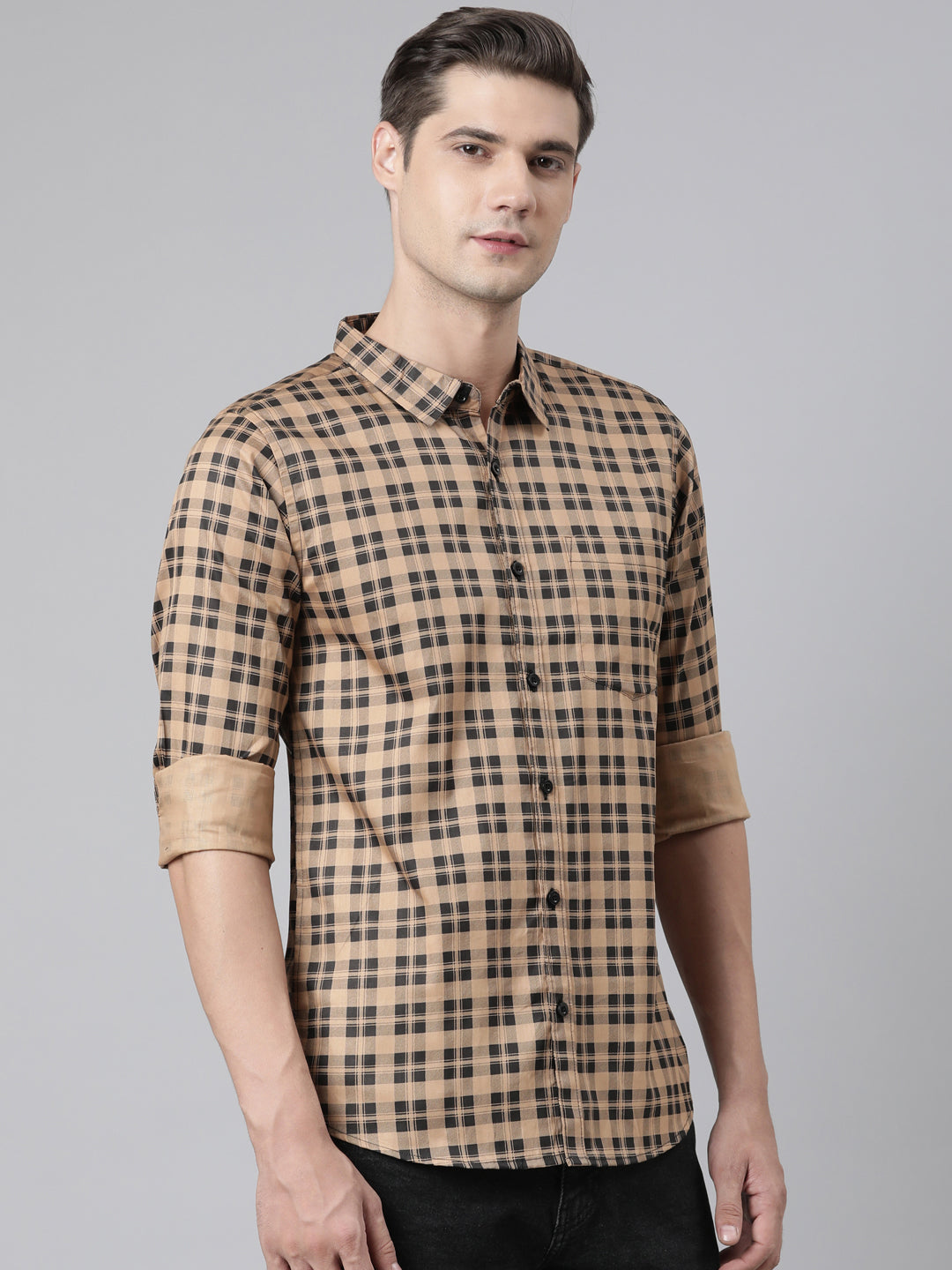 BROON Men Brown And Black Checkered Pure Cotton Full Sleeve Shirt