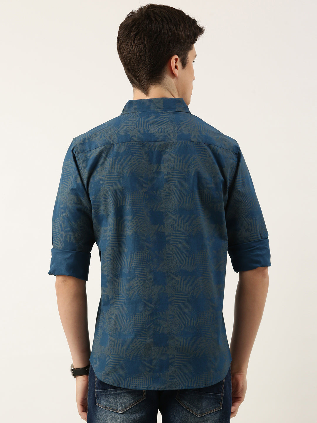 Men Dark Blue Printed Pure Cotton Full Sleeve Casual Shirt