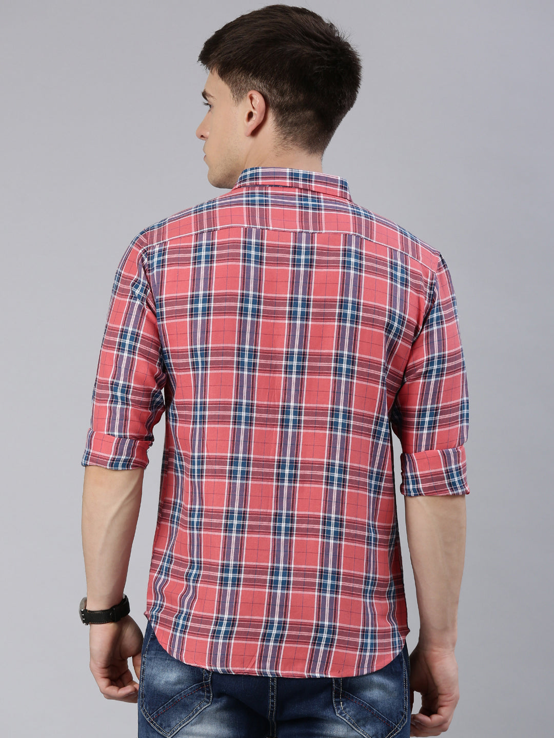 Men Navy and Red Checked Cotton Blend Casual Full Sleeve Shirt
