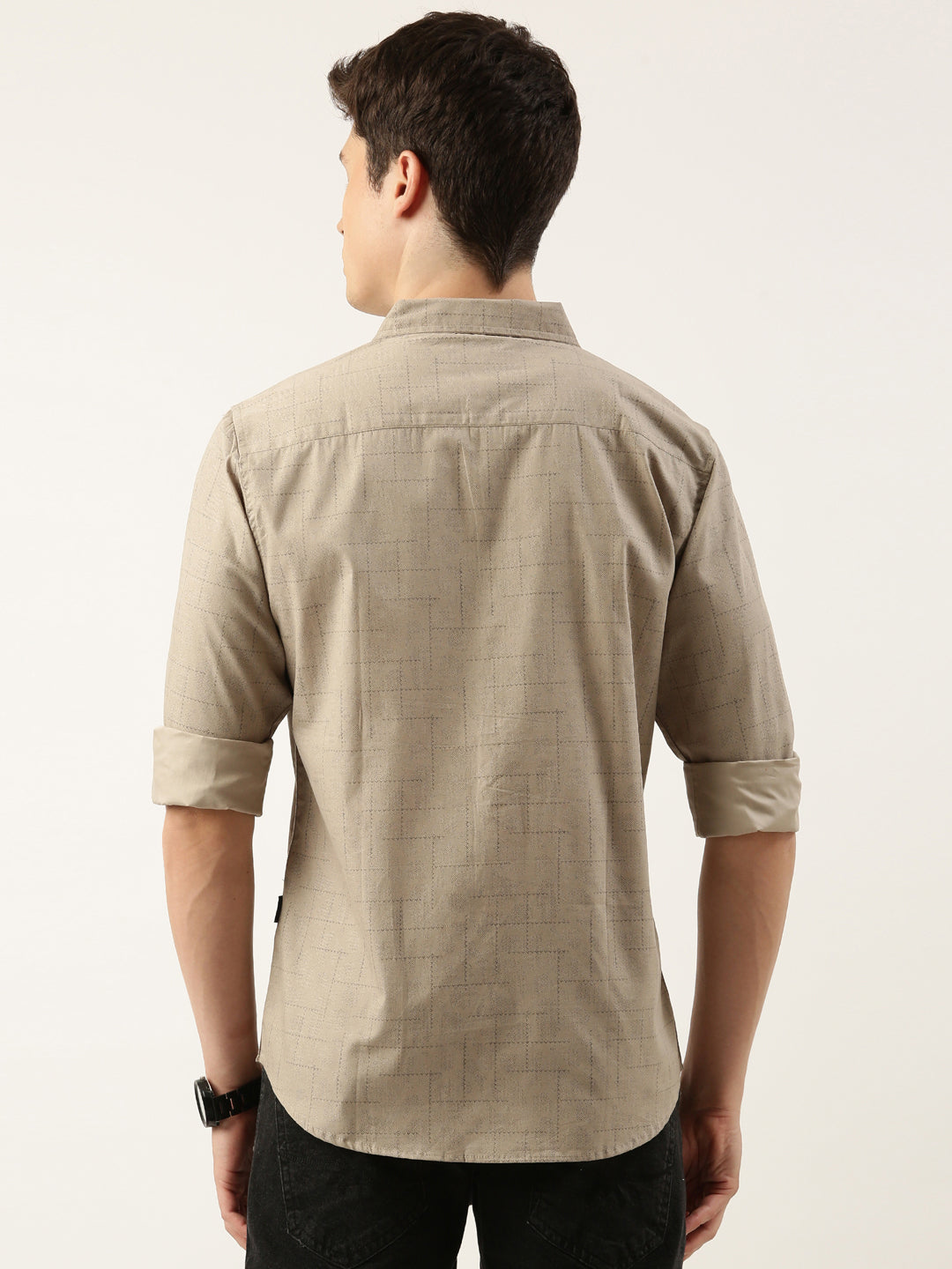 Men Beige Printed Pure Cotton Full Sleeve Casual Shirt