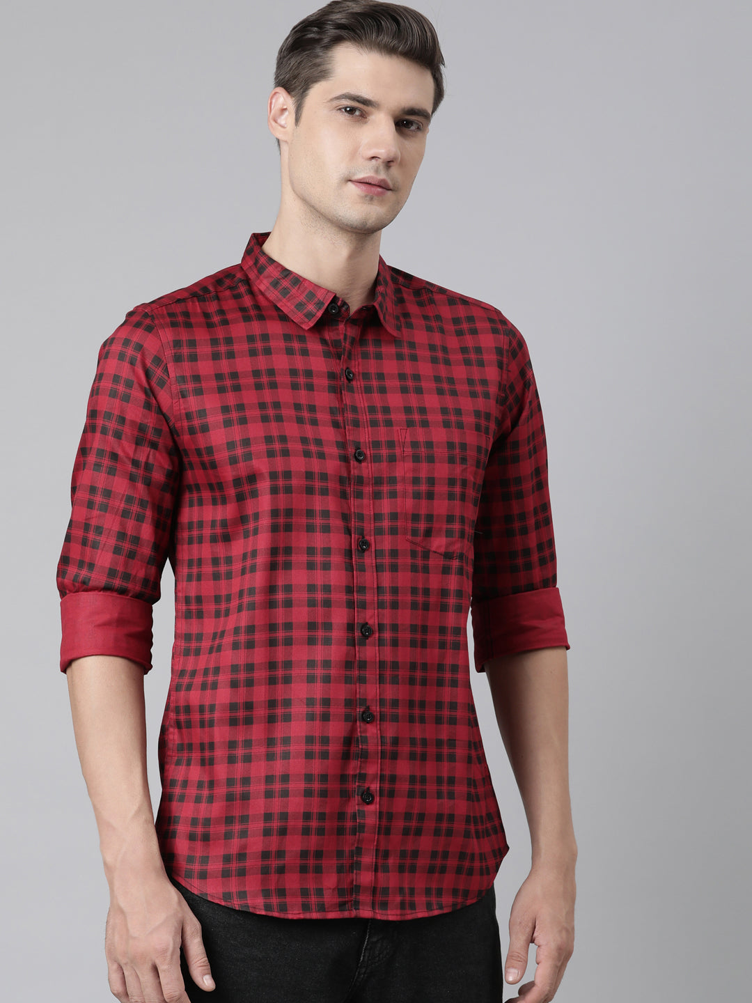 BROON Men Red And Black Checkered Pure Cotton Full Sleeve Shirt