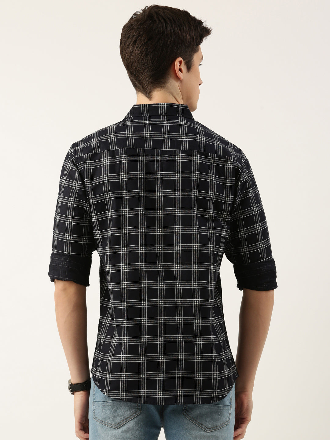 Men Navy Blue Checked Pure Cotton Full Sleeve Casual Shirt