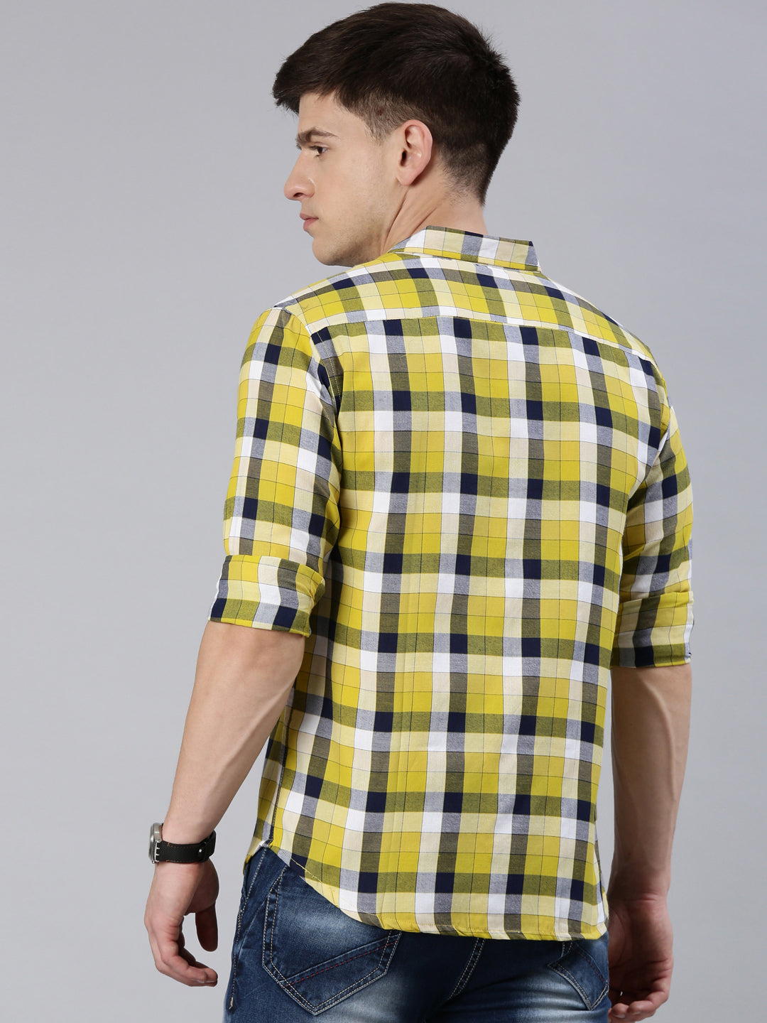 Men Yellow Checked Cotton Blend Casual Full Sleeve Shirt
