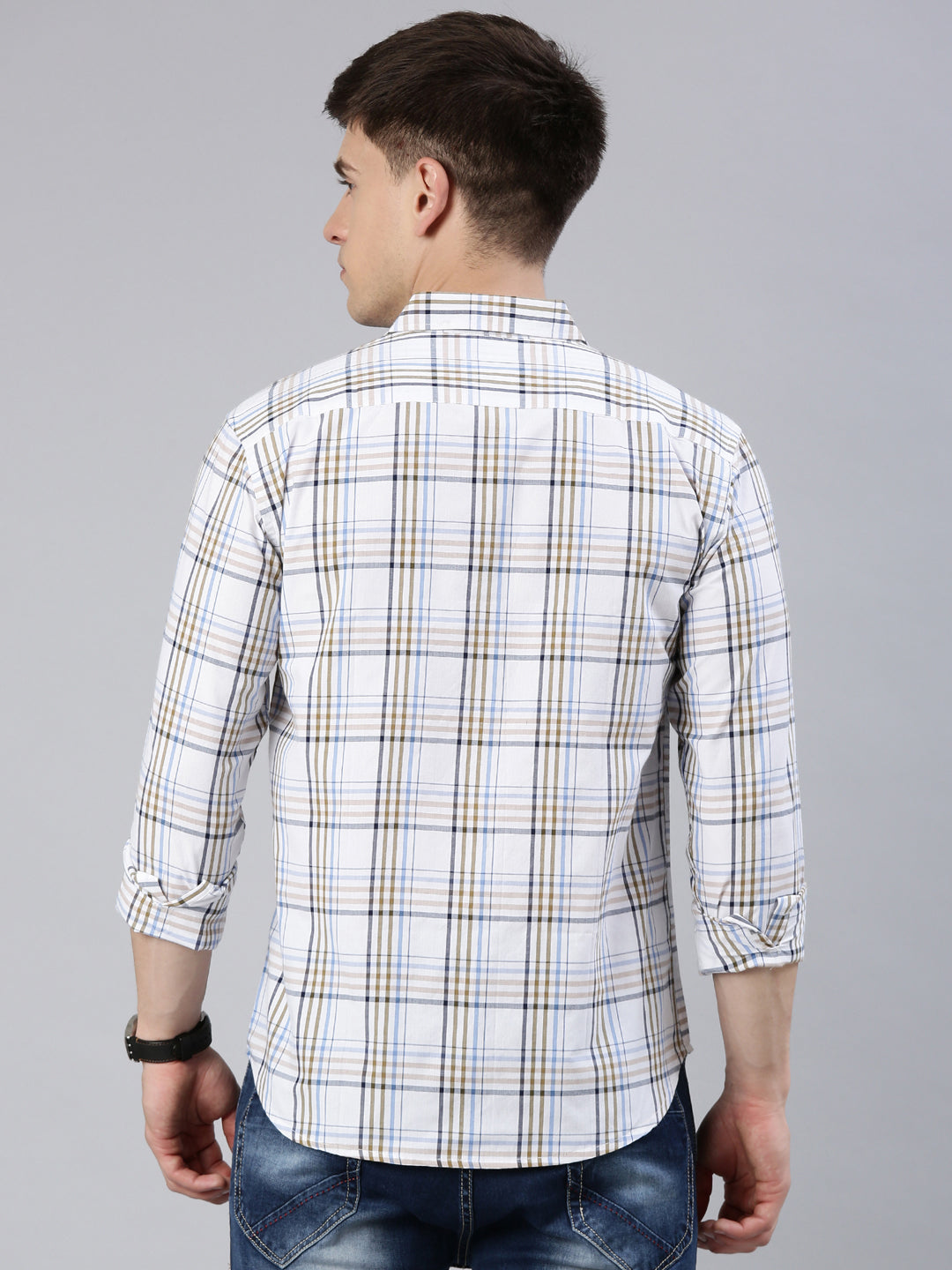 Men White Checked Cotton Blend Casual Full Sleeve Shirt