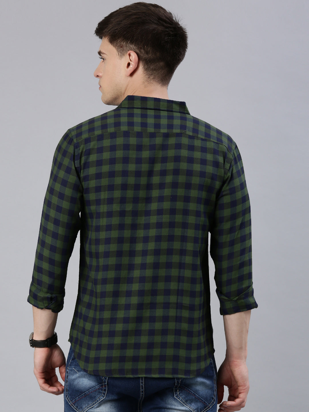 Men Olive Green and Navy Blue Checked Cotton Blend Casual Full Sleeve Shirt