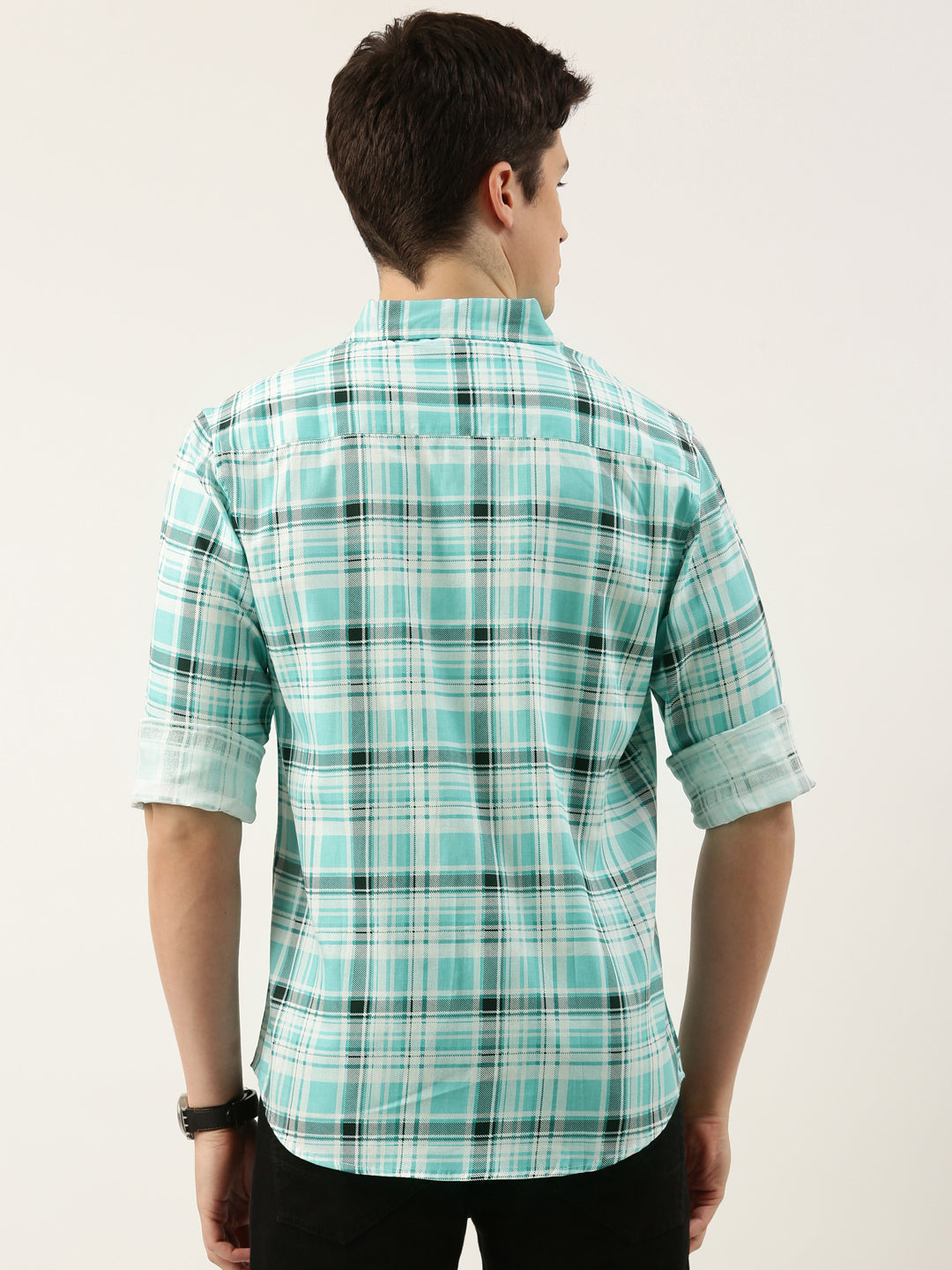 Men Teal Green Checked Pure Cotton Full Sleeve Casual Shirt