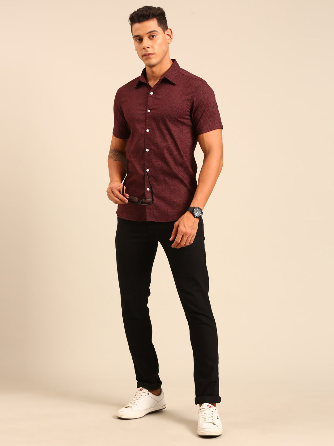 JOVEN Men Maroon Printed Casual Lycra Shirt ( No Returns )