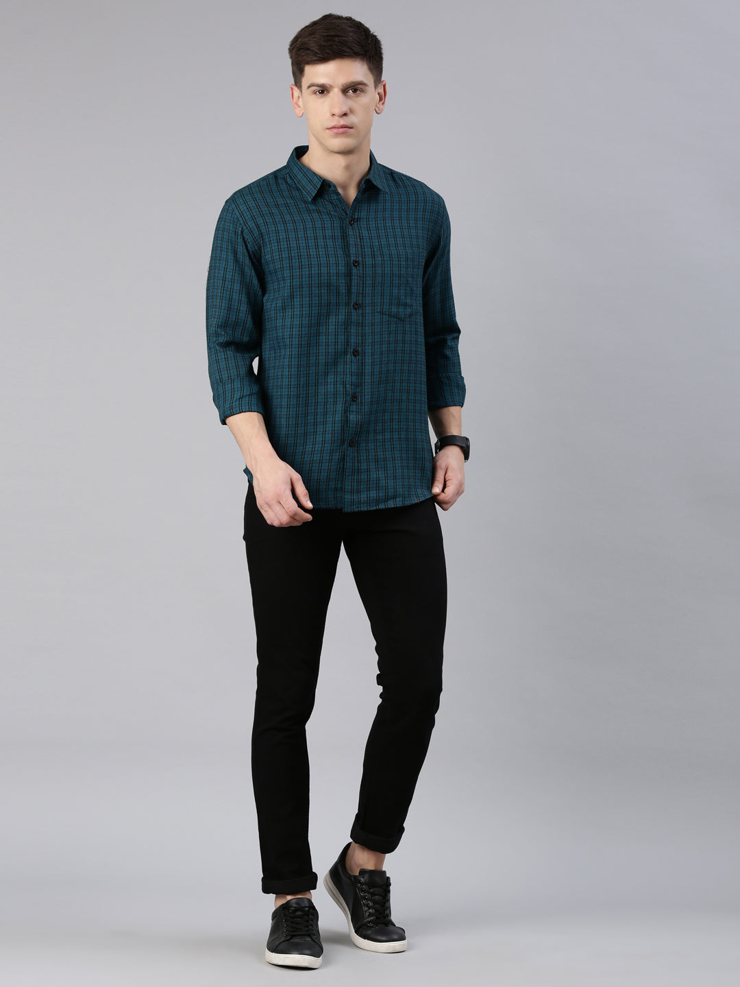 Men Dark Green Checked Cotton Blend Casual Full Sleeve Shirt