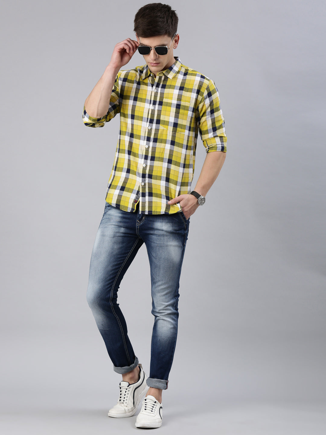 Men Yellow Checked Cotton Blend Casual Full Sleeve Shirt