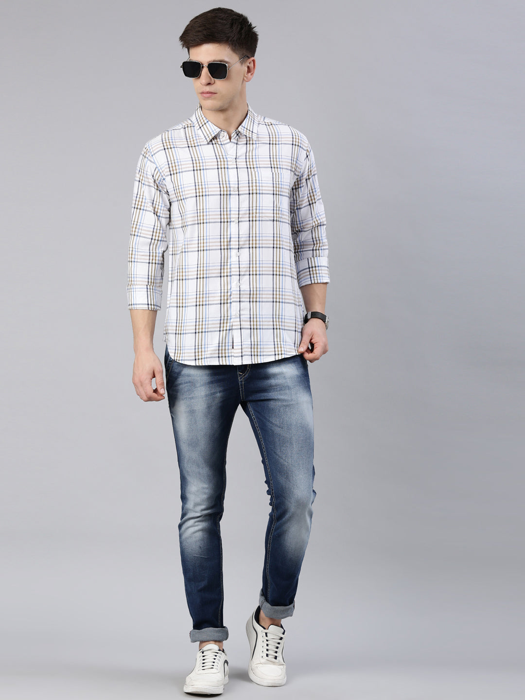 Men White Checked Cotton Blend Casual Full Sleeve Shirt