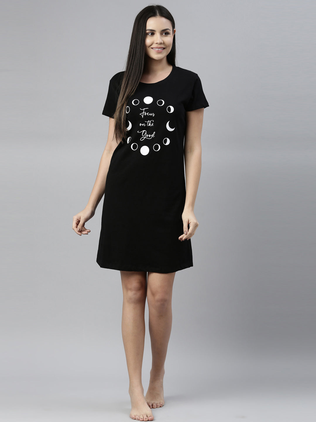 CURARE Women Printed Round Neck Black LongTees