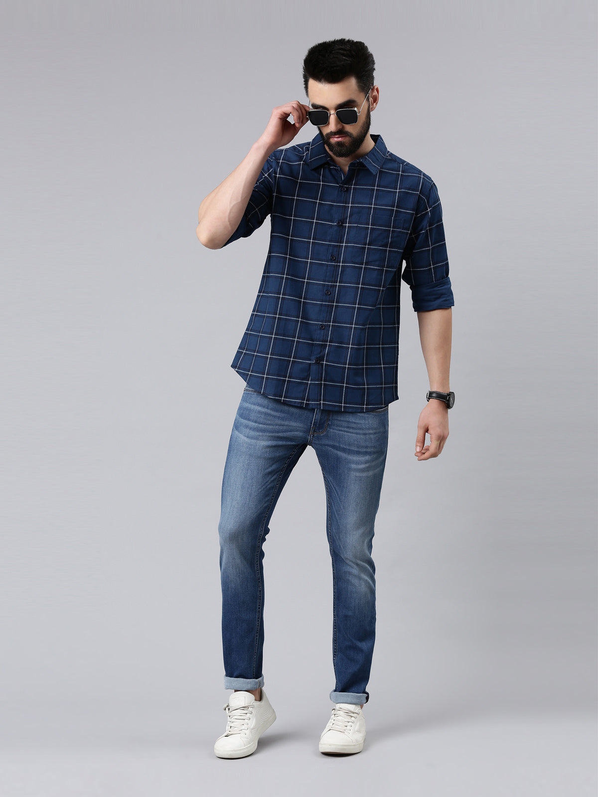 Navy Blue Checked Pure Cotton Casual Full Sleeve Shirt