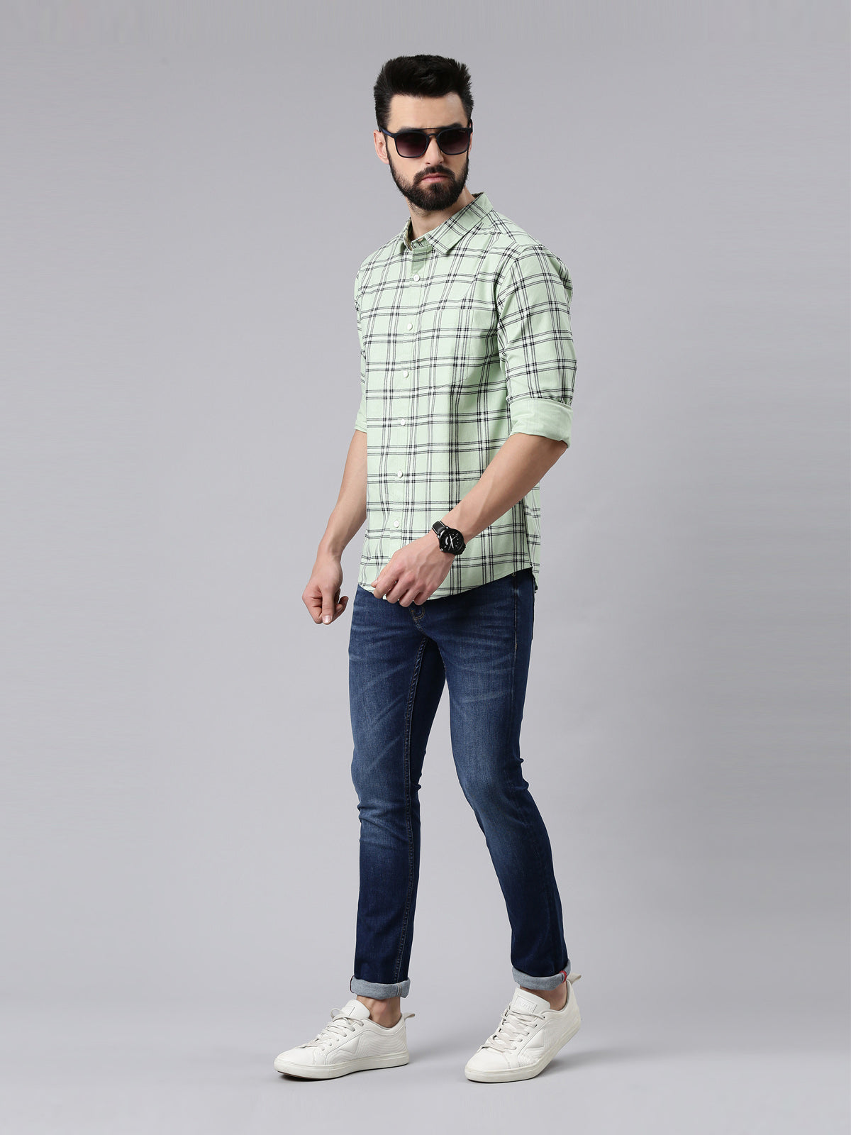 Green Checked Pure Cotton Casual Full Sleeve Shirt