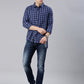 Men Navy Blue and Lavender Checked Cotton Blend Casual Full Sleeve Shirt