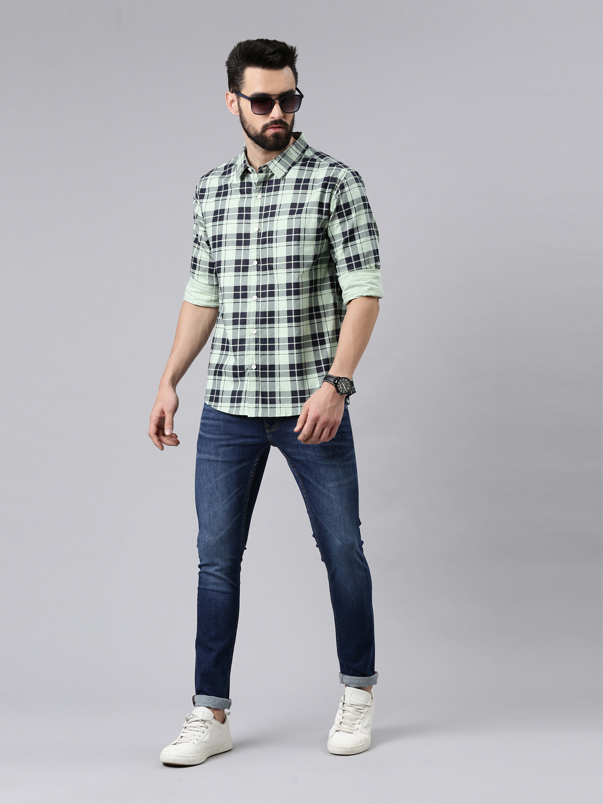 Light Green Checked Pure Cotton Casual Full Sleeve Shirt