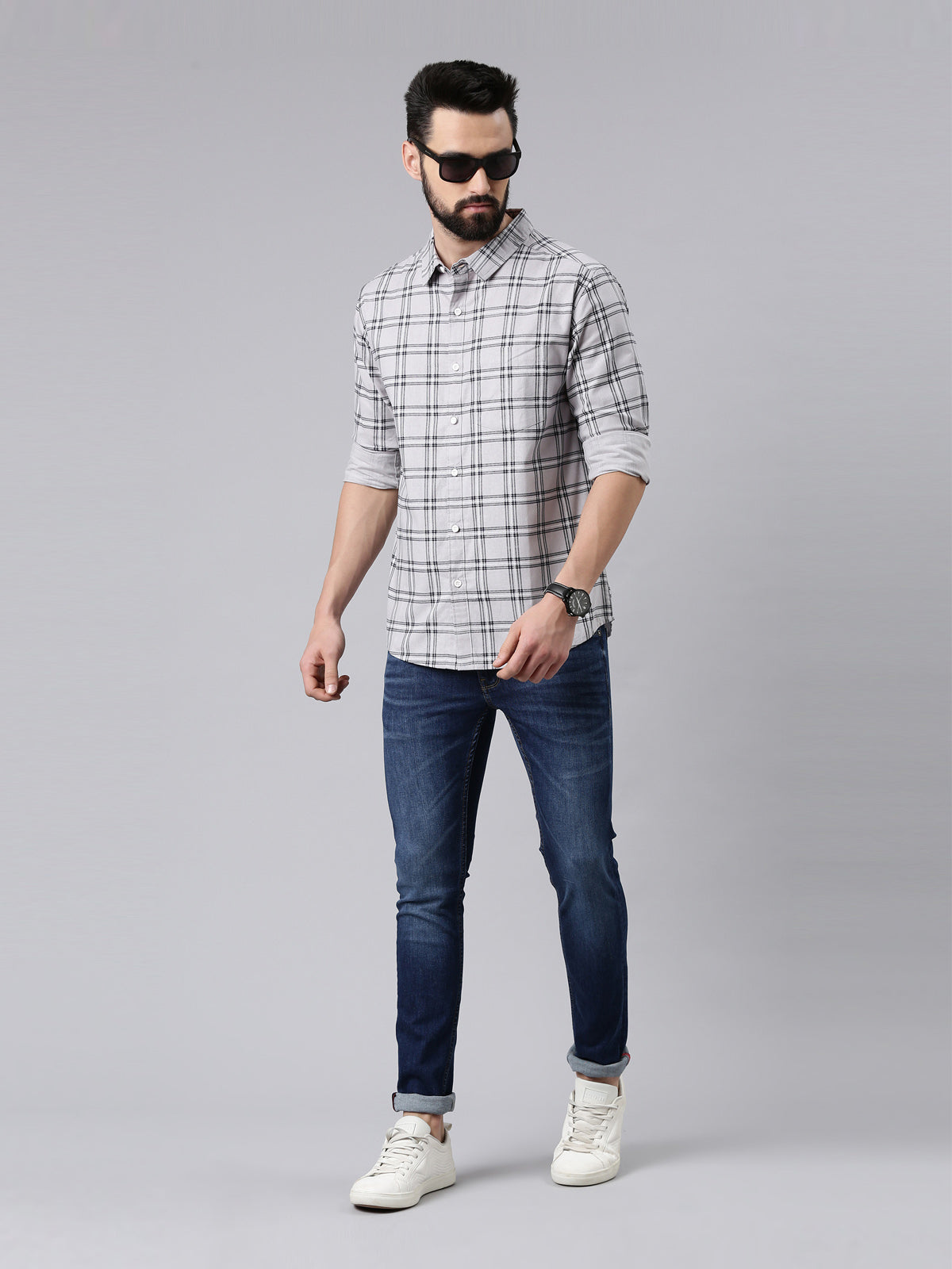 Grey Melange Checked Pure Cotton Casual Full Sleeve Shirt