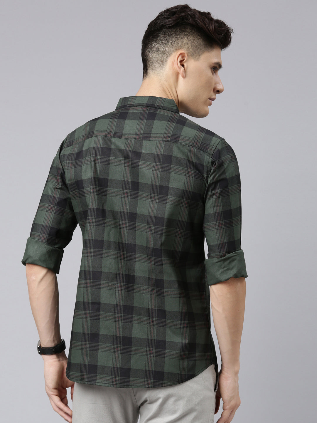 Men Olive And Black Checkered Pure Cotton Full Sleeve Casual Shirt