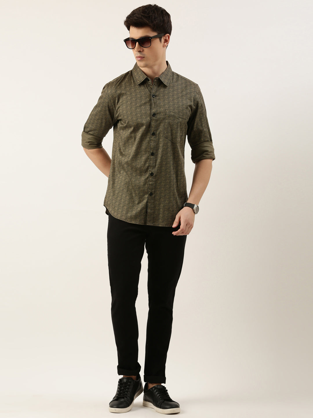 Men Olive Green Printed Pure Cotton Full Sleeve Casual Shirt