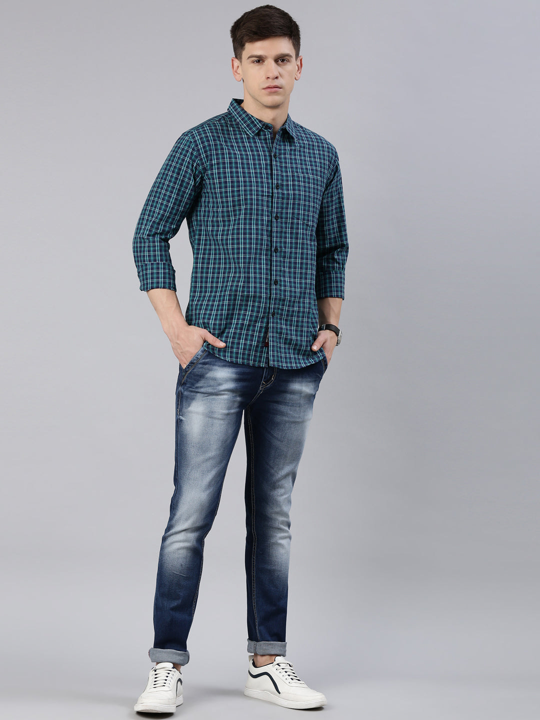 Men Green Checked Cotton Blend Casual Full Sleeve Shirt