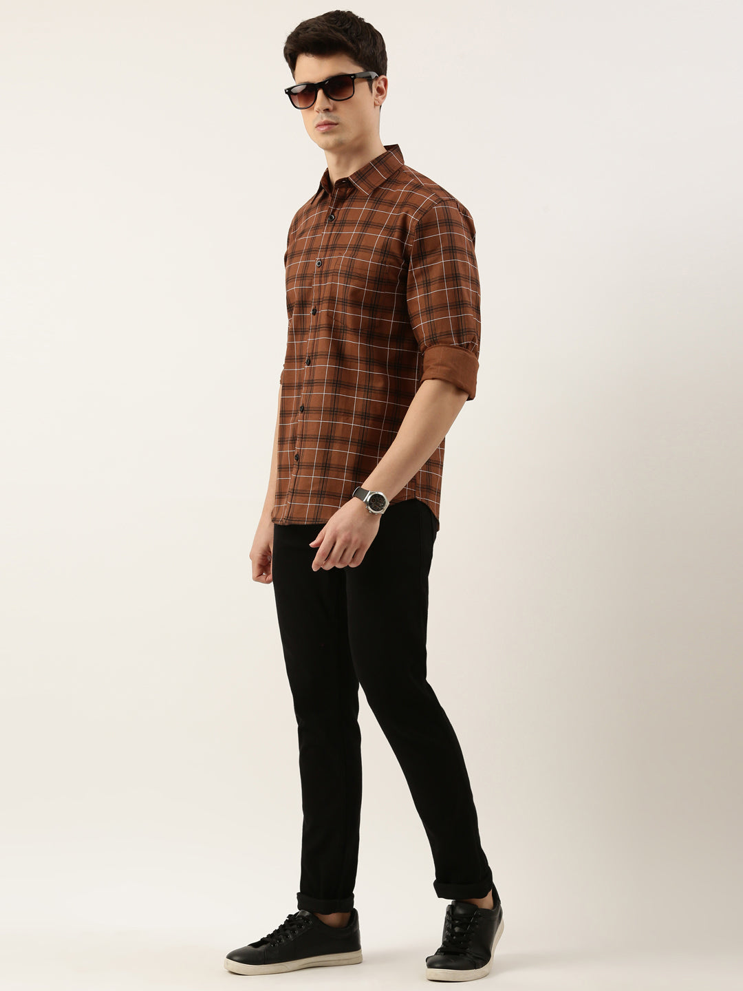 Men Brown Checked Pure Cotton Full Sleeve Casual Shirt