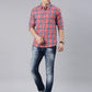 Men Navy and Red Checked Cotton Blend Casual Full Sleeve Shirt