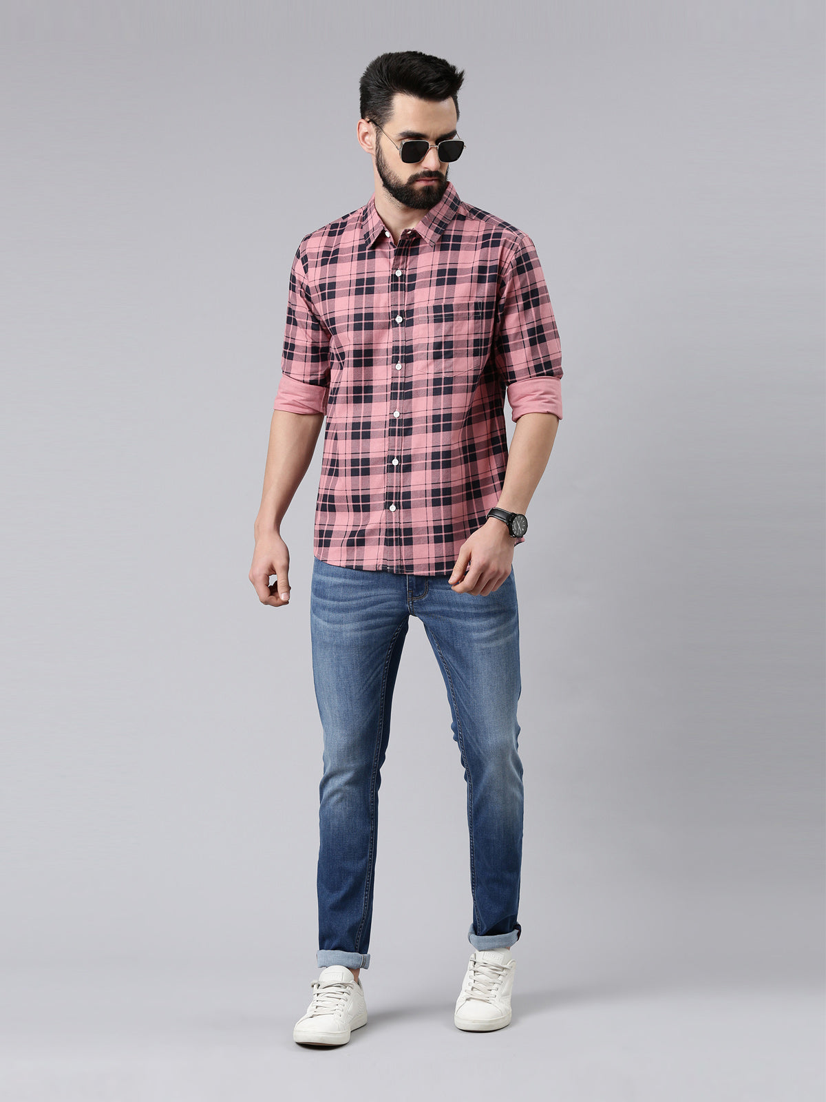Pink Checked Pure Cotton Casual Full Sleeve Shirt
