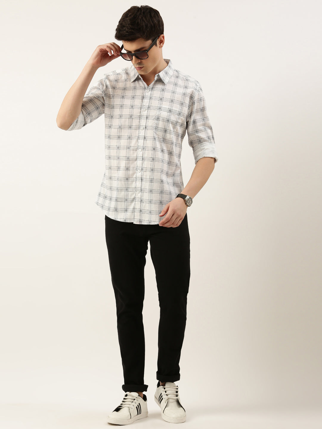 Men White Checked Pure Cotton Full Sleeve Casual Shirt