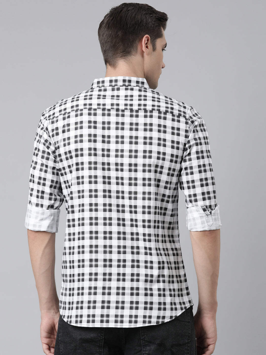 BROON Men White And Black Checkered Pure Cotton Full Sleeve Shirt
