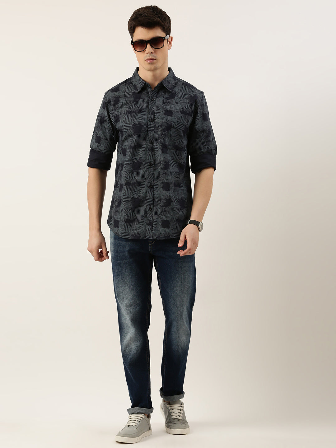 Men Navy Blue Printed Pure Cotton Full Sleeve Casual Shirt