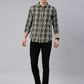Men Green and White Checked Cotton Blend Casual Full Sleeve Shirt