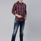 Men Navy Blue and Red Checked Cotton Blend Casual Full Sleeve Shirt