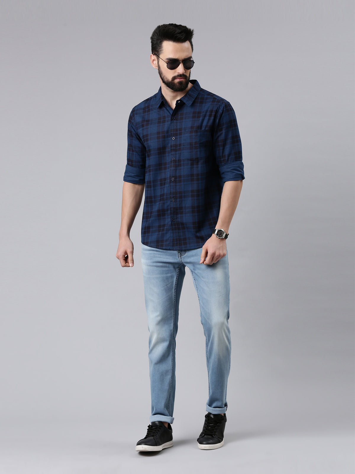 Dark Blue Checked Pure Cotton Casual Full Sleeve Shirt