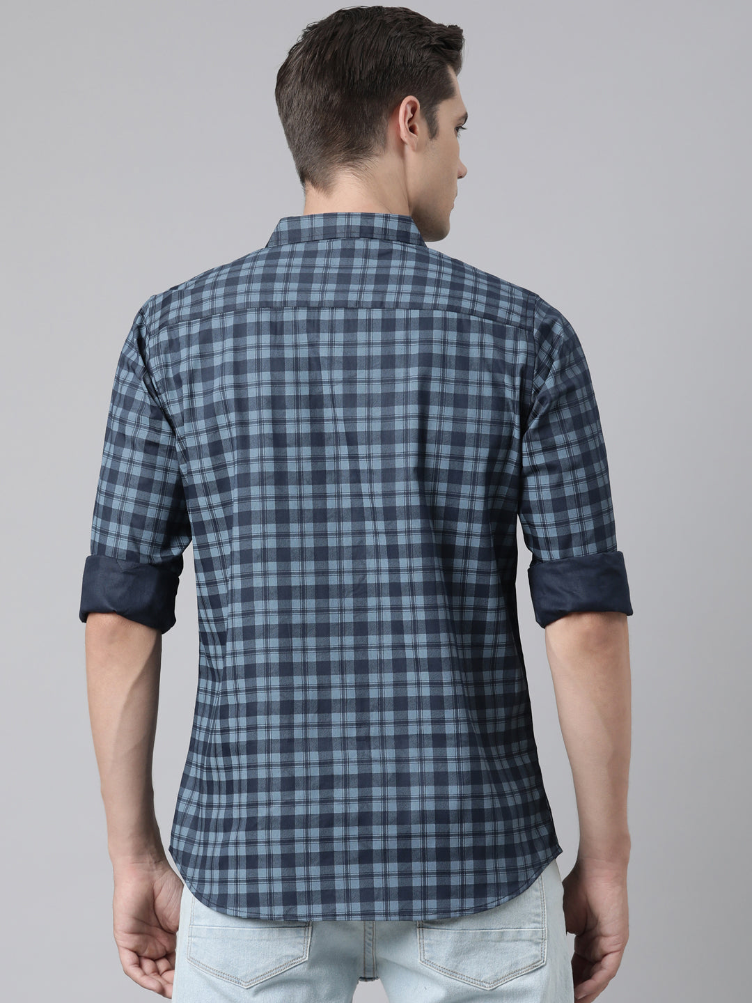 BROON Men Dark Blue Checkered Pure Cotton Full Sleeve Shirt