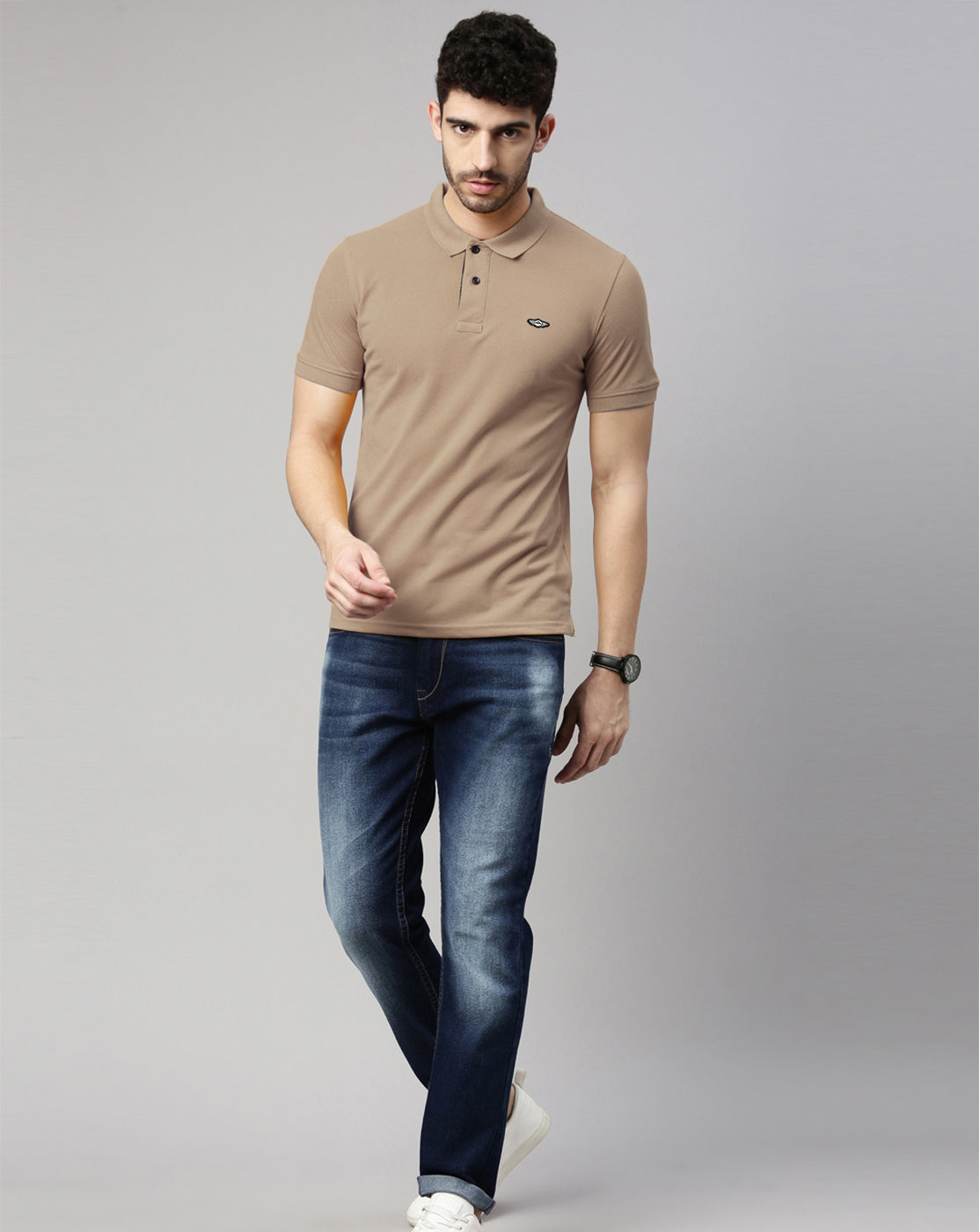 Men Beige Solid Polo Collar T-shirt