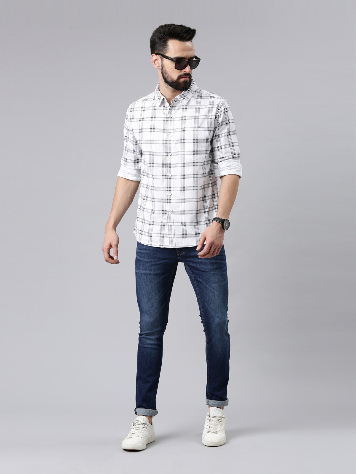 White Checked Pure Cotton Casual Full Sleeve Shirt