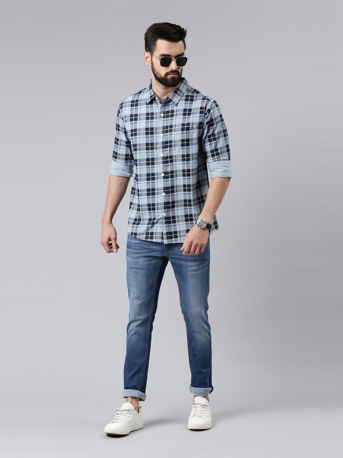 Light Blue Checked Pure Cotton Casual Full Sleeve Shirt