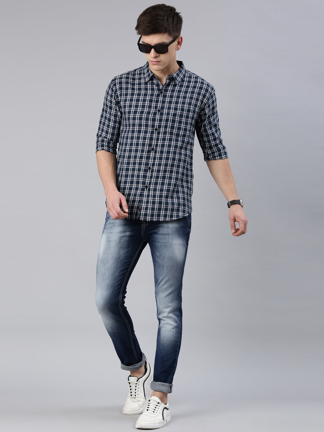 Men Dark Blue Checked Cotton Blend Casual Full Sleeve Shirt