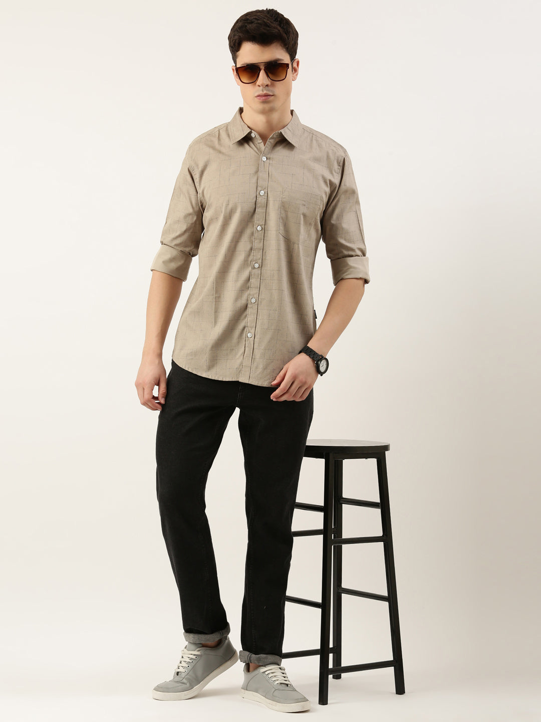 Men Beige Printed Pure Cotton Full Sleeve Casual Shirt
