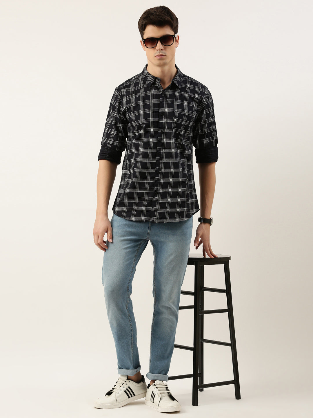 Men Navy Blue Checked Pure Cotton Full Sleeve Casual Shirt